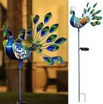 Peacock Garden Decor Outdoor Solar Lights Pathway Stake Metal Lights Garden B...