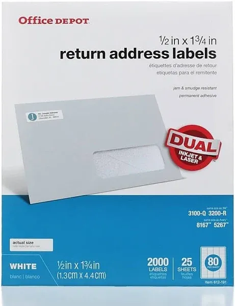 Inkjet/Laser Return Address Labels, Rectangle 1/2" x 1 3/4", White, Pack Of 2,000