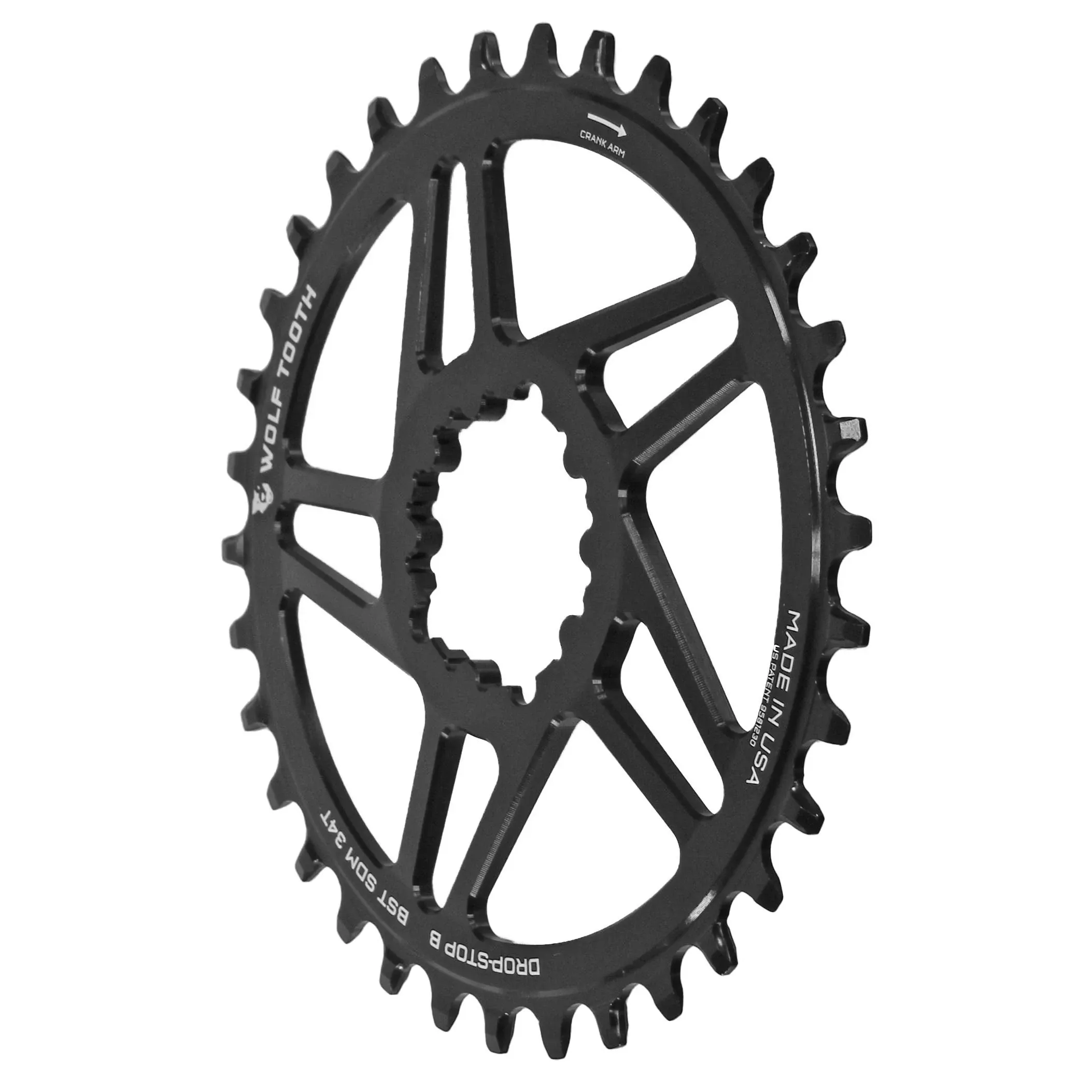 Wolf Tooth DM Sram Drop-Stop B Boost Chainring - Fits Sram GXP/BB30 "Boost" Cranks - 34 Tooth, 3mm "Boost" Offset (Black)