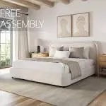 King Size Bed Boucle Platform Bed Frame with Headboard, Modern Upholstered Bed, Wooden Slat Support, No Box Spring Needed, Easy Assembly, Beige