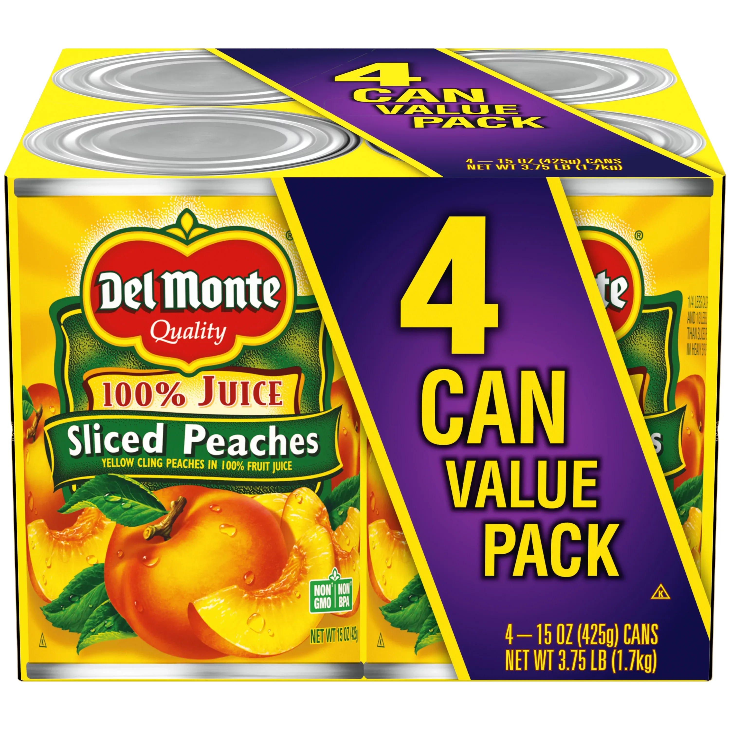 Del Monte 100% Juice Sliced Peaches 4 Cans / 15 oz