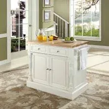 CROSLEY FURNITURE Kitchen Island 47.75&#034; White/Natural Wood Top w/Drawers/Shel<wbr/>ves