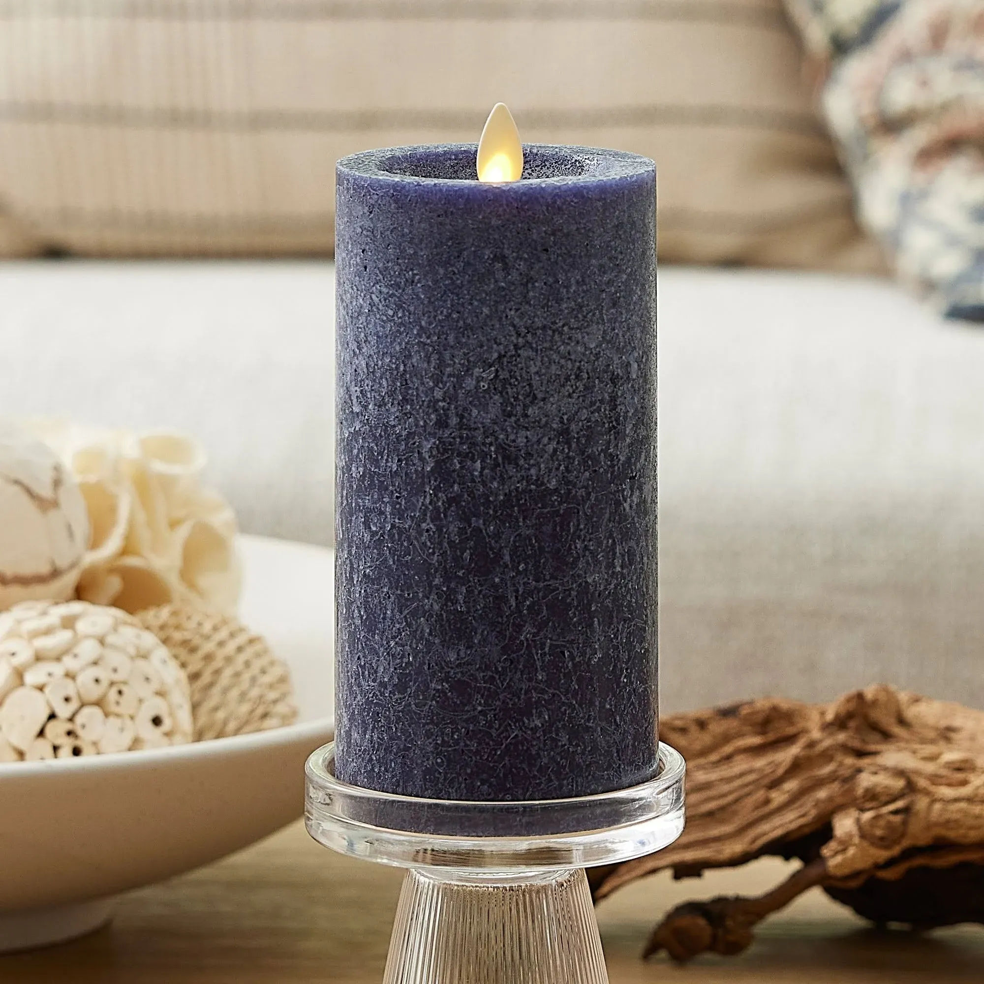 Midnight Blue Seaglass Flameless Candle Pillar