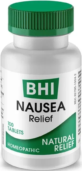 BHI Nausea Natural Relief 7 Multi-Symptom Homeopathic Active Ingredients Help Relieve Nausea, Vomiting, Bloating & Indigestion Non-Drowsy Remedy Soothes Discomfort for Women & Men - 100 Tablets