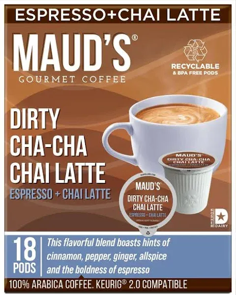 Maud's Espresso & Chai Latte Tea Pods, Dirty Cha Cha Chai Latte, Compatible w/ K-Cup Brewers, 18ct