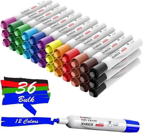 Comix Low Odor Dry Erase Markers, Chisel Tip White Board Markers, 36 Bulk 4 Colors Thick Markers for Kids Teachers