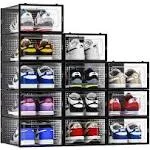 12 Pack Shoe Storage Bins, Clear Plastic Stackable Shoe Organizer, Black Frame