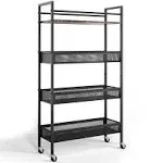 Jsluiiys 4 Tier Slim Storage Cart, Narrow Shelving Unit for Small Space Slide Out Narrow Rolling Cart with Wooden Top Metal Handle and Wire Mesh for