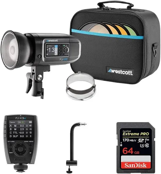 Westcott FJ400 400Ws Strobe with AC/DC Battery Bundle with 64GB Card and Tripod