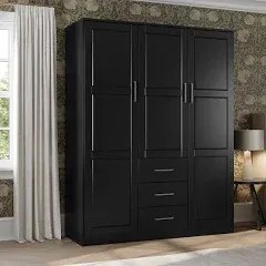 Palace Imports 100% Solid Wood Cosmo 3-Door Wardrobe Armoire with Mirrored Doors, Black