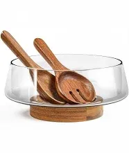 Extra Large Glass Salad Bowl Set - Salad Bowls for Party with Acacia Wood Base a