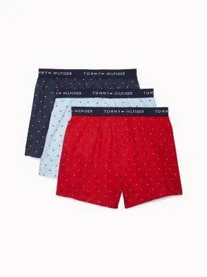 TOMMY HILFIGER TH Men&#039;s Large 3 Woven Boxer Underwear 100% Cotton Slim Red Blue