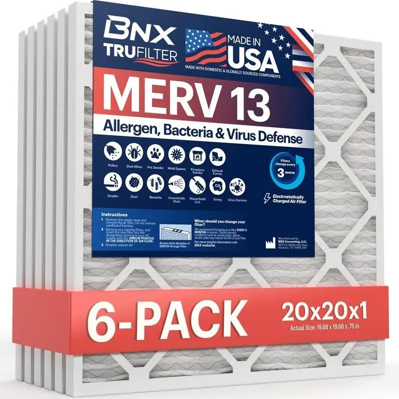 BNX TruFilter 20x20x1 Air Filter MERV 13 (6-Pack) - MADE IN USA - Electrostat...