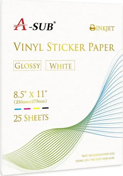 A-SUB 25 Sheets Vinyl Sticker Paper for Inkjet Printer - Glossy Printable Vinyl 8.5x11 Inch Waterproof Sticker Paper for DIY Any Decal You Like