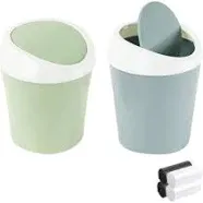 SITAKE 2 Pcs Plastic Mini Wastebasket Trash Can with Swing Lid with 120 Trash Bags, Tiny Desktop Waste Garbage Bin for Home, Office, Kitchen, Vanity Tabletop, Bedroom, Bathroom (Pink + Beige)