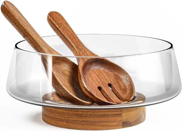 KITEISCAT Extra Large Glass Salad Bowl Set - Salad Bowls for Party with Acacia Wood Base and Salad Serving Utensils - Elegant and Practical Kitchen Must-Have