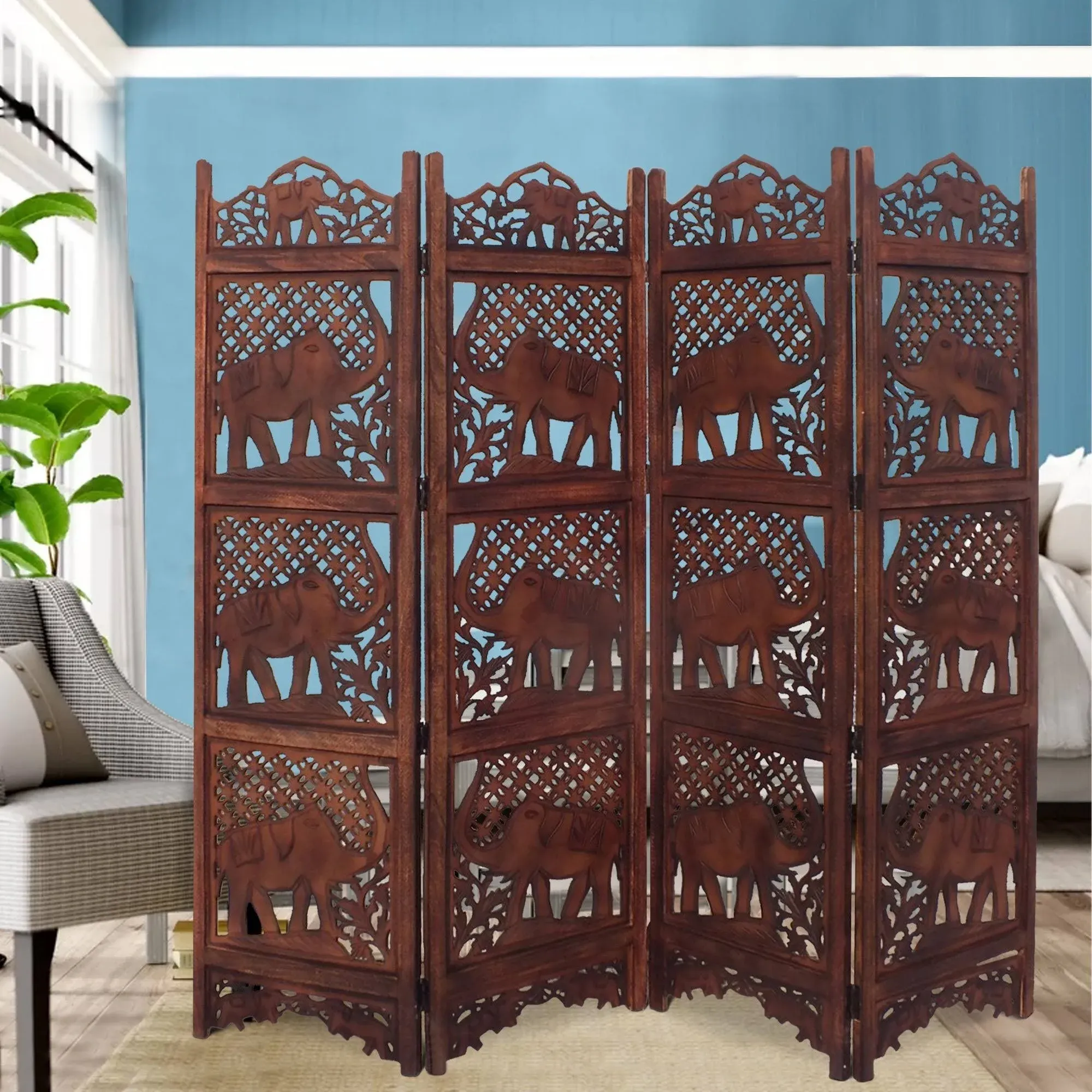 Benzara Hand Carved Elephant Design Foldable 4 Panel Wooden Room Divider, Brown