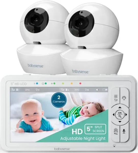 Babysense 5" HD Split Screen Video Baby Monitor 2 Cameras Night Light Non-WiFi Pan Tilt Zoom HD S2