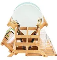 Worthyeah Bamboo Dish Drying Rack 3 Tier Collapsible Rack with Utensil Holder