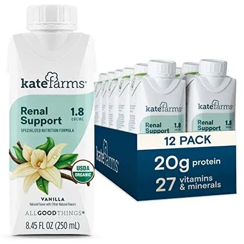 KATE FARMS Organic 1.8 Renal Support Shake, Vanilla, 20g Protein, 27 Vitamins and Minerals, Specialized Dialysis Nutrition Support, 8.45 oz (12 Pack)