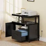 Wood File Cabinet with Charging Station, Rolling Filing Cabinet Cart