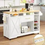 Large Rolling Kitchen Island w Wine Storage Cabinet Drawer Power Outlet