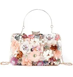 KUANG! Women's Floral Flower Evening Handbags Colorful Rhinestone Clutch Purses Floral Bride Wedding Chain Shoulder Bag