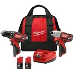 Milwaukee M12 12 V Cordless Brushed 2 Tool Drill and Impact Driver Kit