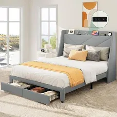  Storage Bed Frame, Queen Size Bed Frame with Type-C &amp; USB Port and 2 Grey