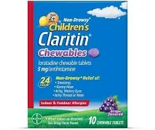 Claritin Children&#039;s Chewable 5 mg. 24 Hour Non-Drowsy, 80 Grape Chewable Tablets