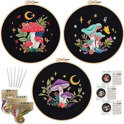 Nuberlic 3 Pack Embroidery Kit for Beginner Adults, Stamped Cross Stitch for Embroidery Starters with Mushroom Patterns Include 3 Embroidery Hoop, Cloth Thread Needles and Instructions