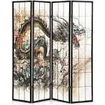 Monibloom 4-Panel Shoji Screen Room Divider, 5.9 ft Wood Dragon Pattern Room Dividers and Folding Privacy Screens, Asian Room Separators Divider