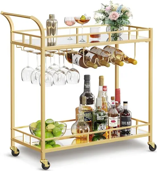 SONGMICS Wine Cart with 2 Mirrored Shelves