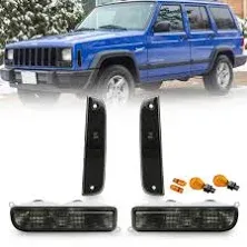 USR 97-01 XJ Signal Lights COMBO Smoke Bumper Turn Signal + Corner Side Marker Lamps Set + x4 Bulbs Included Compatible with 1997