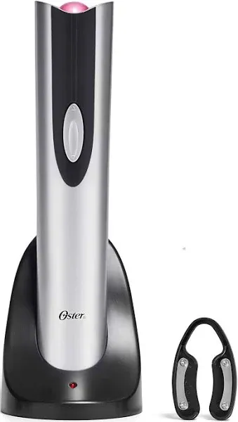 Oster Electric Wine Opener and Foil Cutter Kit with CorkScrew and Charging Base, Silver