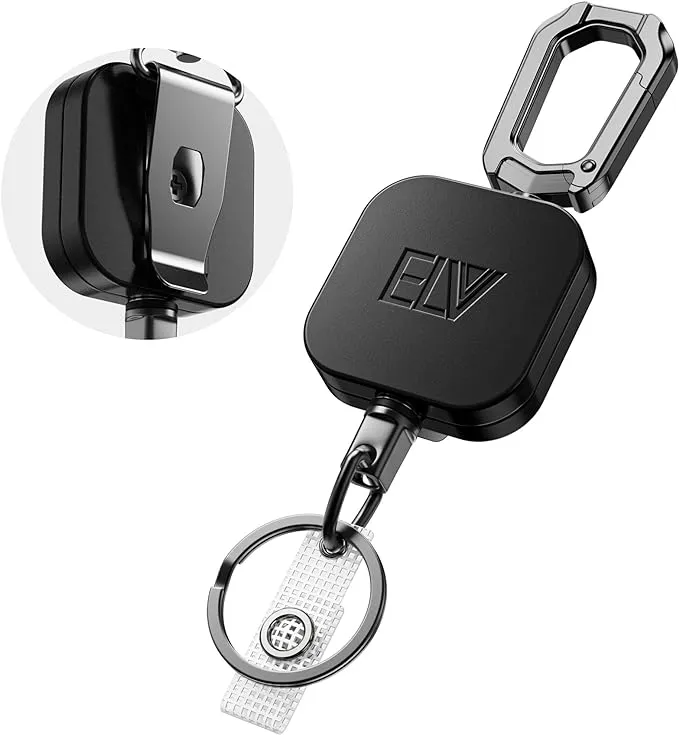 ELV Retractable ID Badge Holder: Heavy Duty Metal Retractable Keychain Badge Reel with Carabiner Belt Clip - 31” Strong Cord