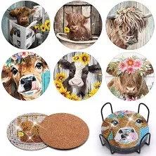 6PCS Diamond Painting Coaster with Holder, Farmhouse Cow Diamond Painting Art Coasters Kit, Highland Cattle DIY Drink Coaster with Cork Base Diamond Art Painting Coasters Kit for Adults Kids Beginners