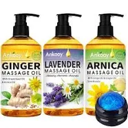 3 Pack Massage Oil for Massage Therapy,Sore Muscle Arnica Oil & Lavender Oil Massage Oil for Date Night & Ginger Oil Lymphatic Drainage & Massage Ball-Christmas Gifts for Men Women Stocking Stuffers