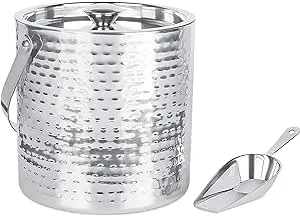 Ice Bucket with Scoop &amp; Lid - 2.8 Liter Hammered 18/8 Stainless Steel Container