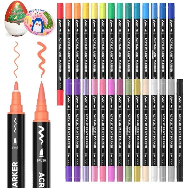 28 Metallic Colors Dual Tip Acrylic Paint Markers Brush Tip and Fine Tip Acry...