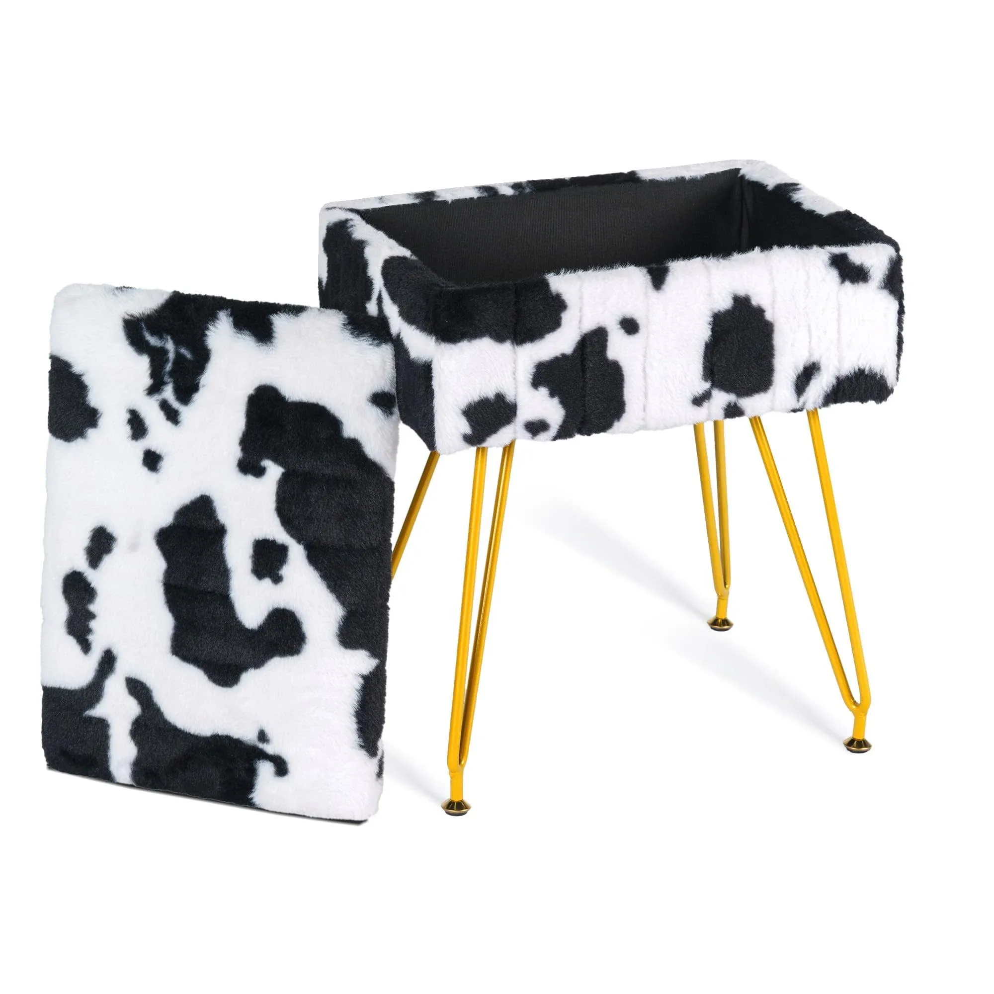 Multifunctional Vanity Stool Chair for Vanity, Padded Seat, Storage Ottoman in Rectangle Fuzzy Fluffy Design, Footrest and 4 Gold Legs for Makeup Room, Bedroom, Living Room, Cow