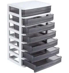 Rempry Small Plastic Organizer with 7 Clear Drawers, Plastic Storage Drawers Containers Organizer for Desk, Counters, Cabinets, White Grey, 9.8"x6.8"x14.8"