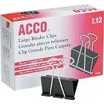 ACCO Binder Clips, Large, Black, 12/Box