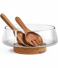 KITEISCAT Extra Large Glass Salad Bowls with Acacia Wood Base and Salad Serving Utensils