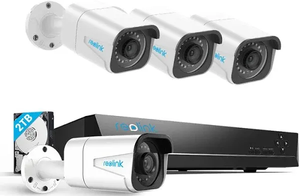 REOLINK 4K Security Camera System, 4pcs H.265 PoE Wired Turret 4K Cameras with Person Vehicle Detection, 4K/8MP 8CH NVR with 2TB HDD for 24-7 Recording, RLK8-800D4