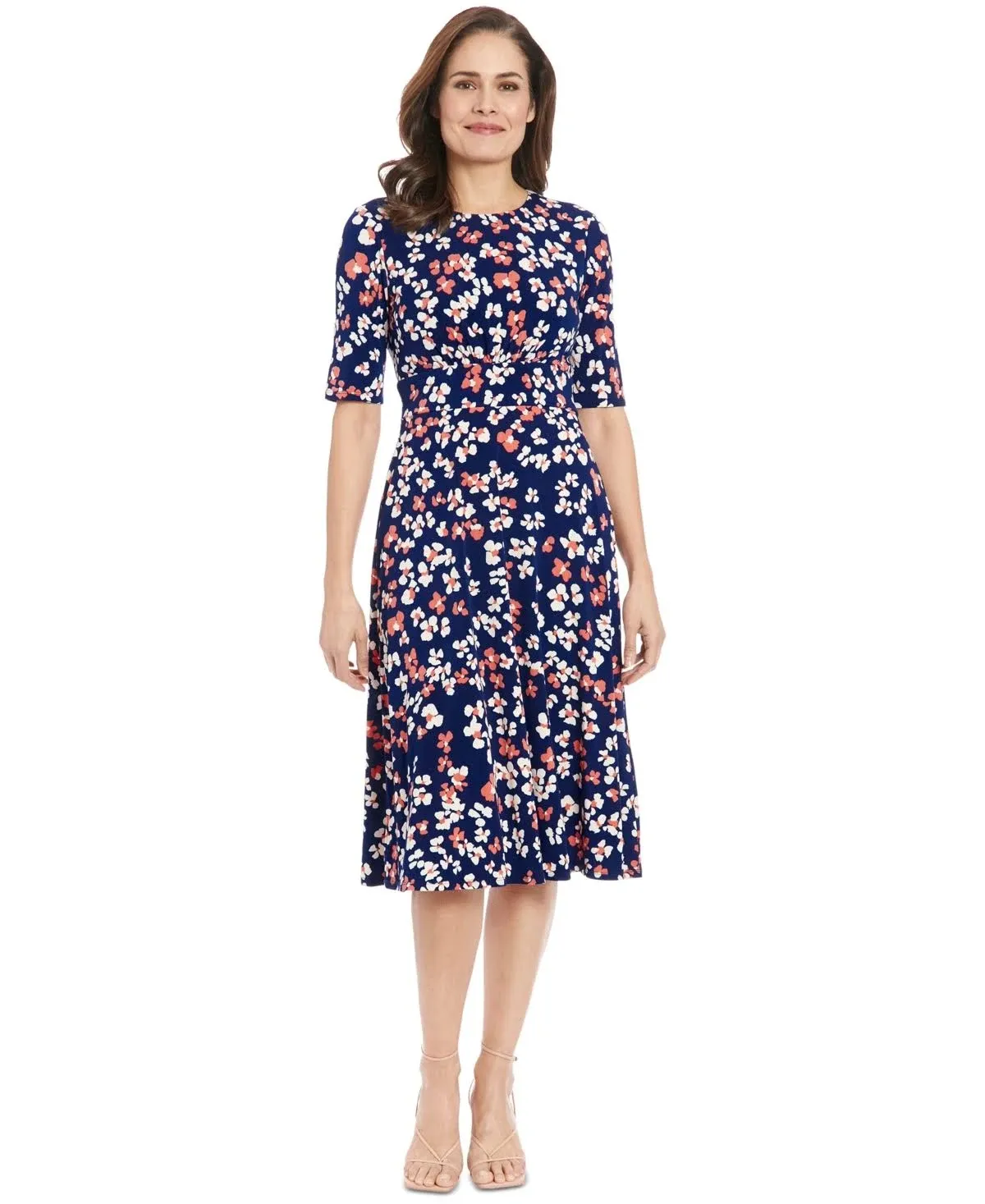 London Times Women's Petite Printed Jersey A-Line Midi Dress - Blue - Casual Dresses