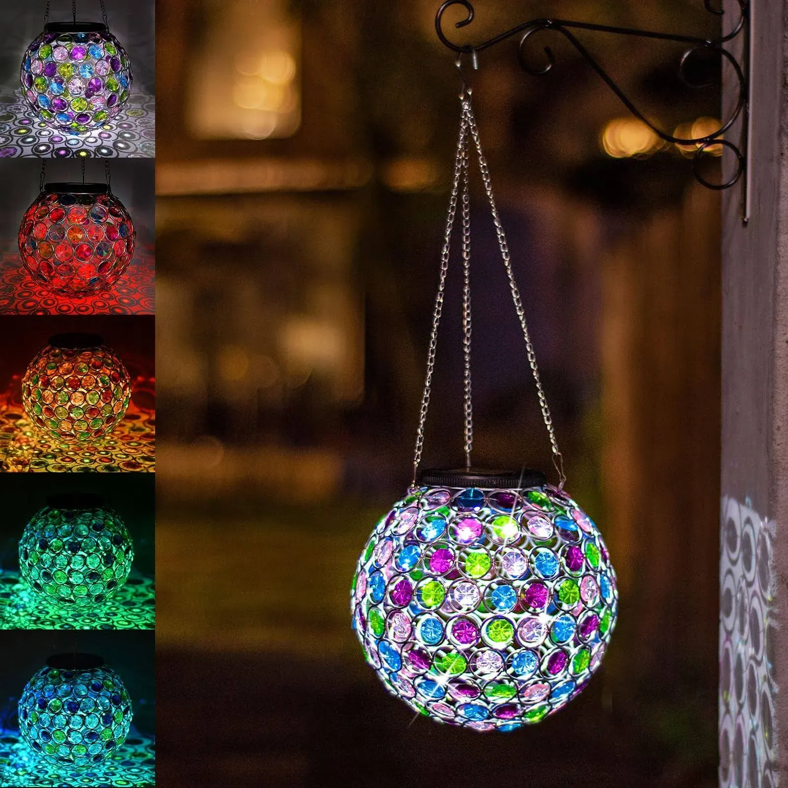 Solar Lantern Hanging Outdoor Christmas Decorative, Dual LEDs Color Changing and Cool White Crystal Globe Lamp Hanging Light Waterproof with S Hook Decor in Garden, Pathway, Front Door- Multi Color