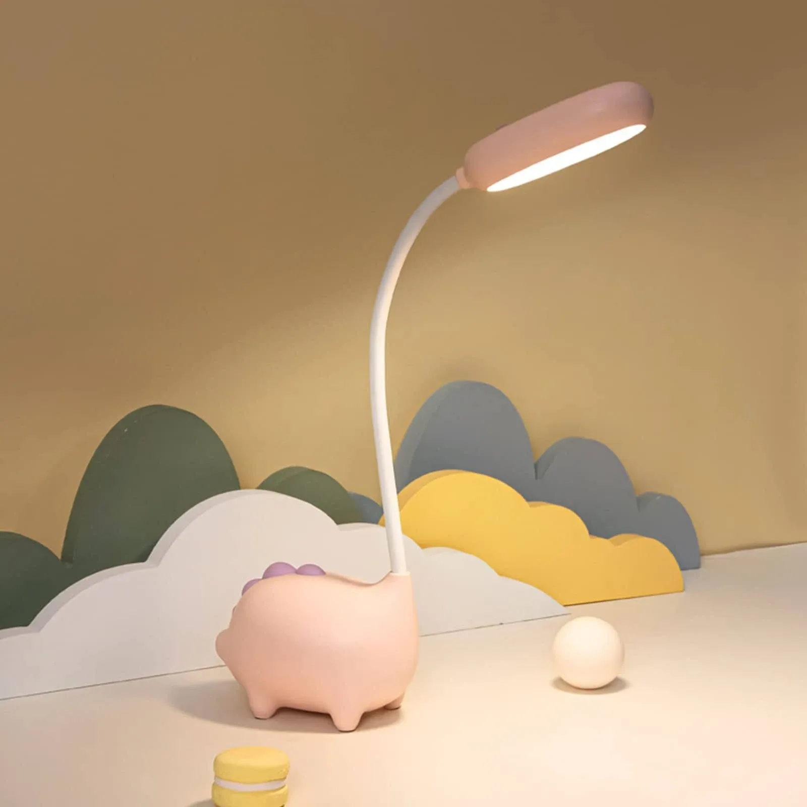 WLHONG Dinosaur Desk Lamp Unique LED Night Light for Kids, Cute Pink Lamp Kawaii Desk Accessories, Eye-Caring Small Table Lamp with 3 Color Light Modes, USB Desk Lamps for Students Dorm, Kids Room