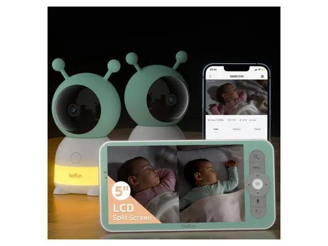 BOIFUN 2024 5" Split-Screen Baby Monitor with 2 Cameras, 2K WiFi Baby Monitor Via Screen & App Control, Record & Playback, Temper &Humidity Sensor, Night Vision, 2-Way Talk, Cry & Motion Detection