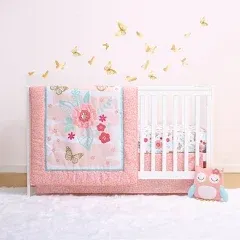 Aflutter Floral &amp; Metallic Gold Butterflies 3 Piece Girl Baby Crib Bedding Set